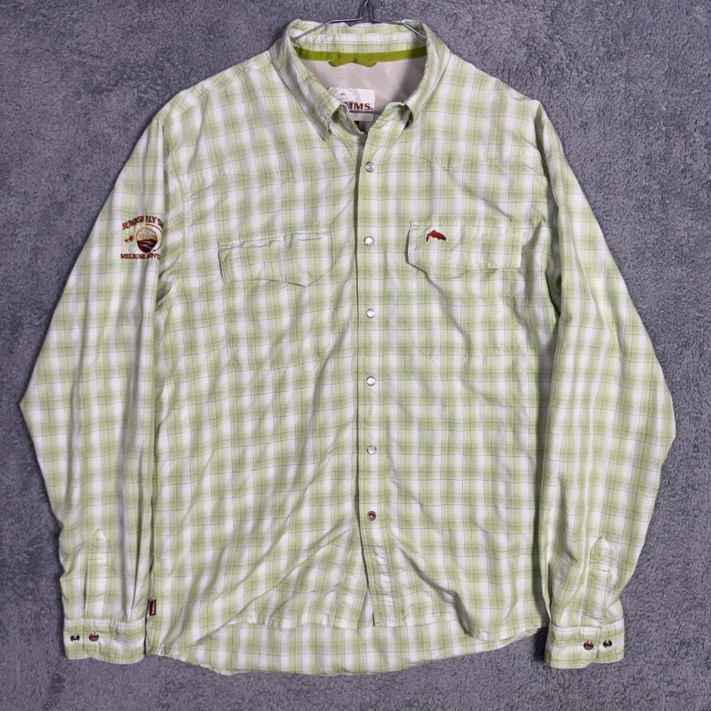 Simms Shirt Mens M Pearl Snap Fishing Long Sleeve Vented Plaid Mesh Wicking